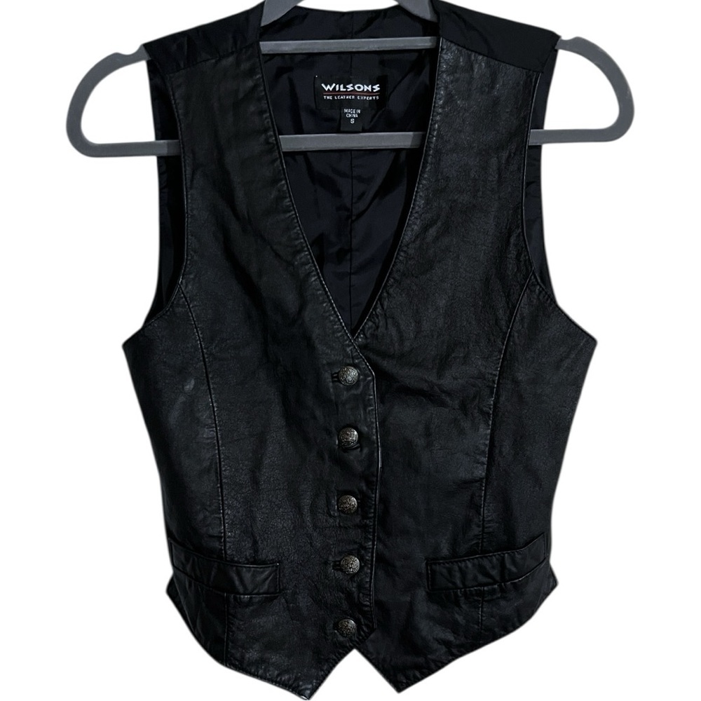 Vintage Wilson’s Leather V Neck Button Down Vest Small Solid Black